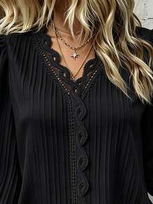 Plus Size Solid Color Lace Patchwork Shirt Fall Cloth For Women - Black - View 6