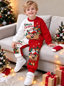 小男孩運動衫套裝，紅白色上衣印有聖誕老人坐雪橇圖案與「Merry Christmas」文字，雪花與星星裝飾，搭配紅白拼接長褲，同款聖誕印花，羅紋袖口與下擺 - 彩色 - 查看 7