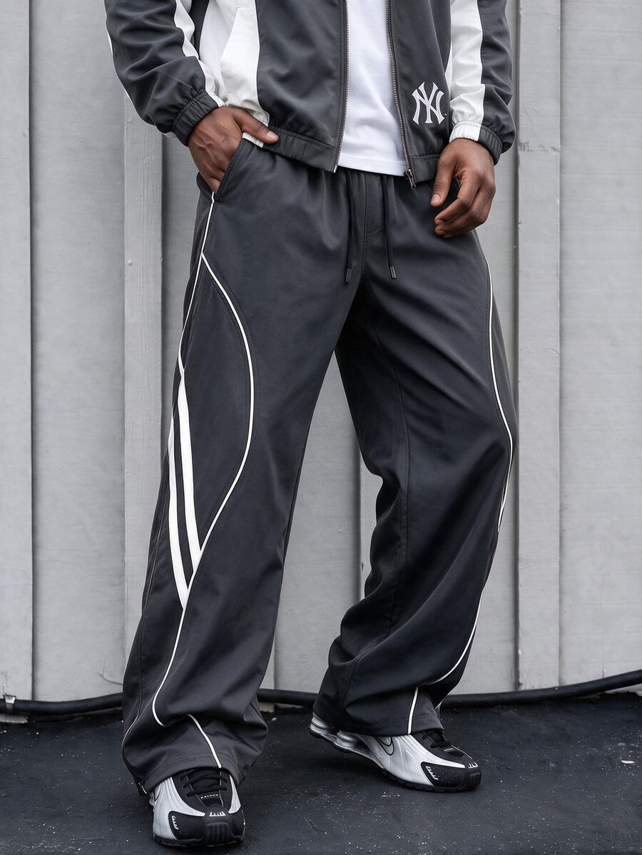 Sport MetroGents Men's Straight Leg Wide Leg Tie Strap Design Casual Sports Pants, Gym - Dark Grey - View 1