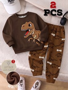 Young Boys Dinosaur T-Rex Graphic Crewneck Sweatshirt And Allover Print Sweatpants 2 Pieces Outfit Set - Multicolor - View 3