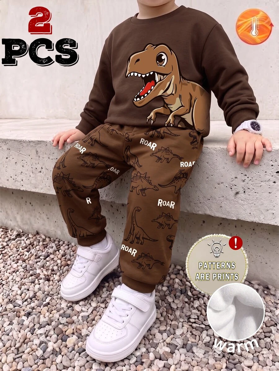 Young Boys Dinosaur T-Rex Graphic Crewneck Sweatshirt And Allover Print Sweatpants 2 Pieces Outfit Set - Multicolor - View 1