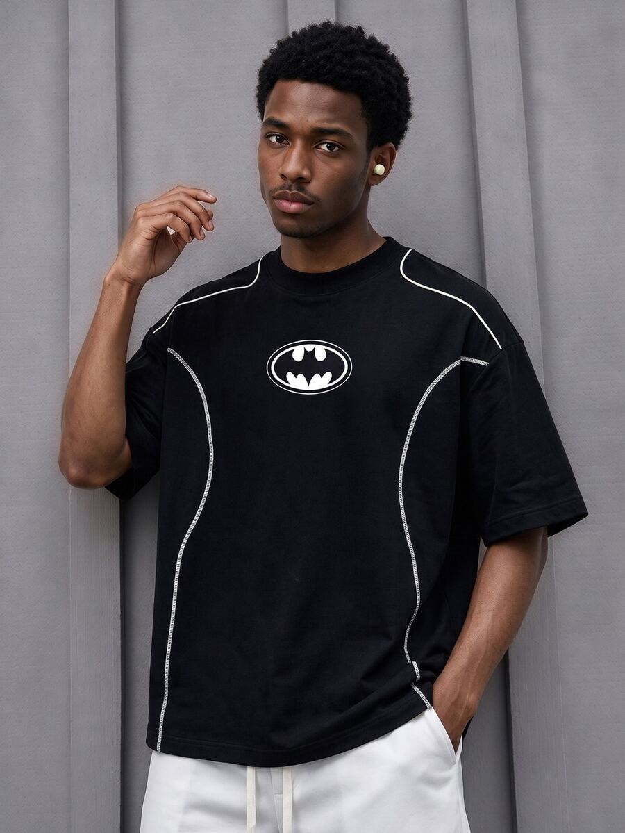 BATMAN X SHEIN Men's Cartoon Print Short Sleeve Loose Fit Sports T-Shirt, Gym - Black - View 1
