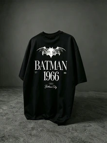 BATMAN X SHEIN Men's Cartoon Print Short Sleeve Loose Fit Sports T-Shirt, Gym - Black - View 2
