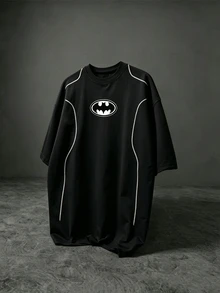 BATMAN X SHEIN Men's Cartoon Print Short Sleeve Loose Fit Sports T-Shirt, Gym - Black - View 3