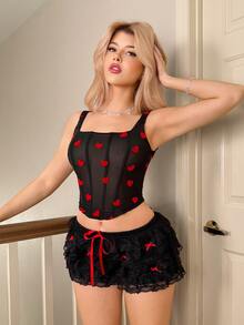Sweetina Women's Cropped Fitted Lace Up Heart Flocked Camisole Valentines Spring Tank Top - Black - View 6
