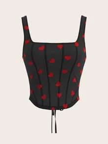 Sweetina Women's Cropped Fitted Lace Up Heart Flocked Camisole Valentines Spring Tank Top - Black - View 8