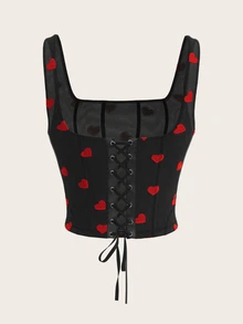 Sweetina Women's Cropped Fitted Lace Up Heart Flocked Camisole Valentines Spring Tank Top - Black - View 9