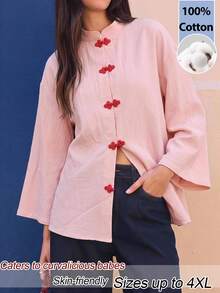 EastFlair Plus Size Women's Solid Color Frog Button Casual Daily Long Sleeve Top Family Party Wedding Guest Pink Fall Fall/Winter Chinese Style - Coral Pink - View 6
