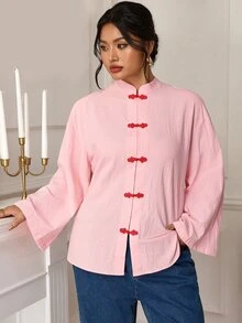 EastFlair Plus Size Women's Solid Color Frog Button Casual Daily Long Sleeve Top Family Party Wedding Guest Pink Fall Fall/Winter Chinese Style - Coral Pink - View 10