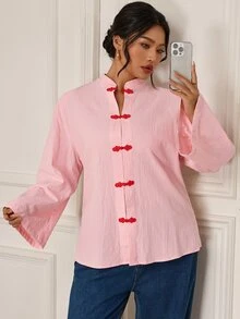 EastFlair Plus Size Women's Solid Color Frog Button Casual Daily Long Sleeve Top Family Party Wedding Guest Pink Fall Fall/Winter Chinese Style - Coral Pink - View 5