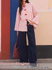 EastFlair Plus Size Women's Solid Color Frog Button Casual Daily Long Sleeve Top Family Party Wedding Guest Pink Fall Fall/Winter Chinese Style - Coral Pink - View 3