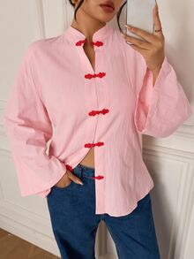 EastFlair Plus Size Women's Solid Color Frog Button Casual Daily Long Sleeve Top Family Party Wedding Guest Pink Fall Fall/Winter Chinese Style - Coral Pink - View 1