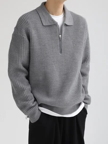 DAZY Men Half Zip Drop Shoulder Fall Sweater Long Sleeve Tops - Grey - View 6