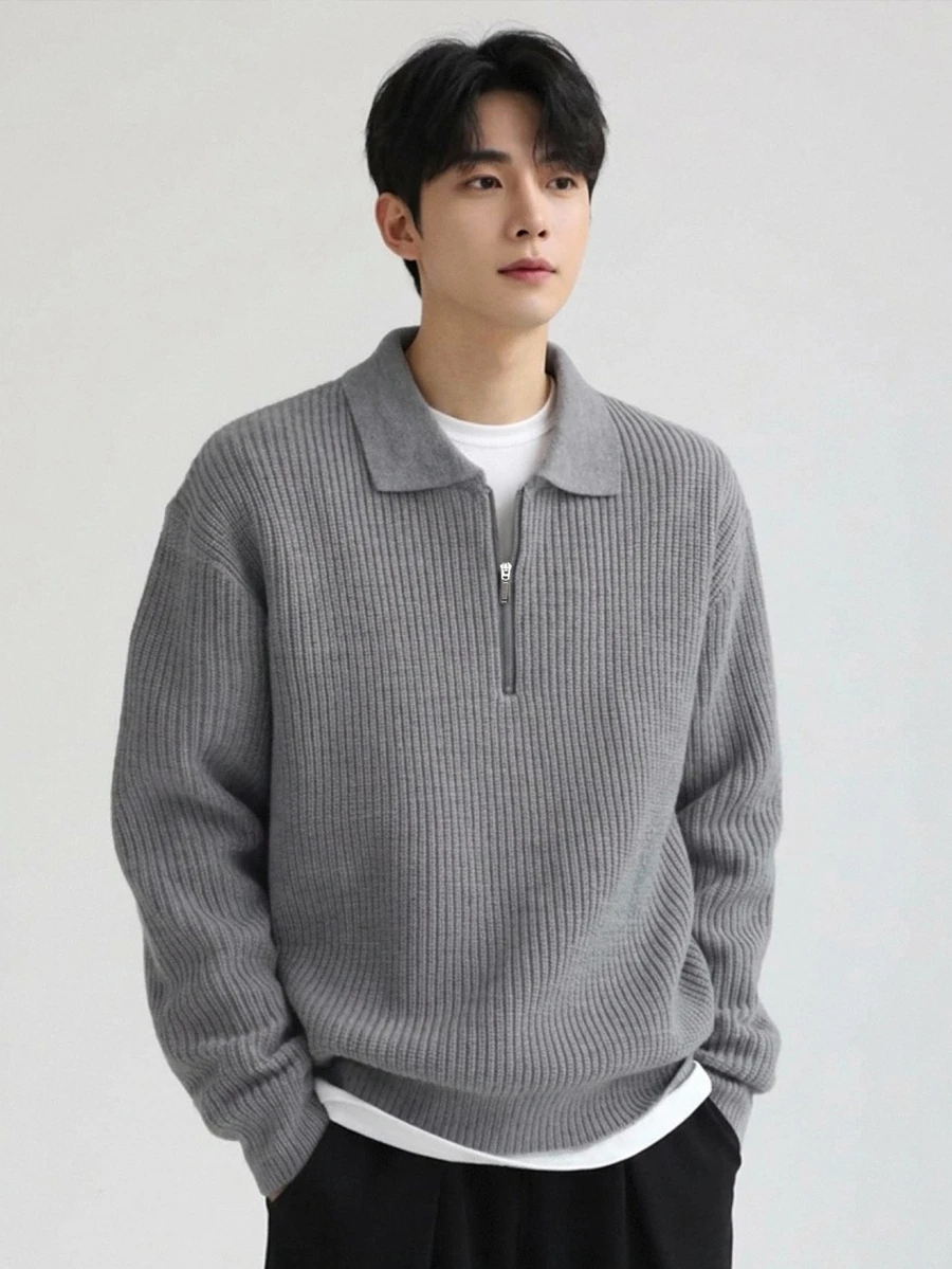 DAZY Men Half Zip Drop Shoulder Fall Sweater Long Sleeve Tops - Grey - View 1