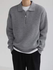 DAZY Men Half Zip Drop Shoulder Fall Sweater Long Sleeve Tops - Grey - View 2