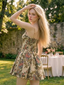 Sweetina Vintage Oil Painting Pattern V-Neck Full Skirt Mini Dress - Apricot - View 2