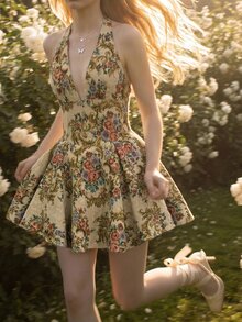 Sweetina Vintage Oil Painting Pattern V-Neck Full Skirt Mini Dress - Apricot - View 5