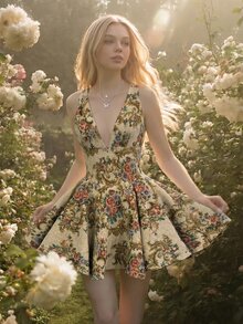 Sweetina Vintage Oil Painting Pattern V-Neck Full Skirt Mini Dress - Apricot - View 4