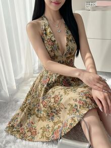 Sweetina Vintage Oil Painting Pattern V-Neck Full Skirt Mini Dress - Apricot - View 6