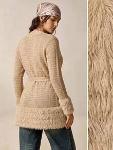 Nubod Women's Plus Size Elegant Casual Patchwork Faux Fur Cardigan Autumn Formal Vacation Tan - Camel - View 8