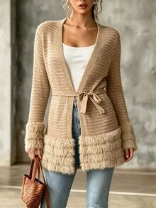 Nubod Women's Plus Size Elegant Casual Patchwork Faux Fur Cardigan Autumn Formal Vacation Tan - Camel - View 10