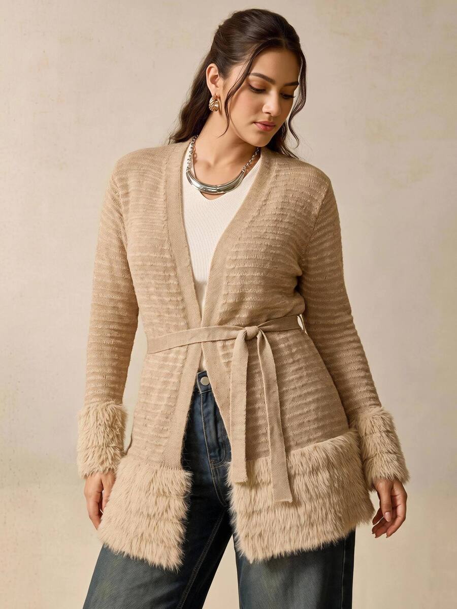 Nubod Women's Plus Size Elegant Casual Patchwork Faux Fur Cardigan Autumn Formal Vacation Tan - Camel - View 1