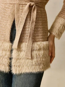 Nubod Women's Plus Size Elegant Casual Patchwork Faux Fur Cardigan Autumn Formal Vacation Tan - Camel - View 5