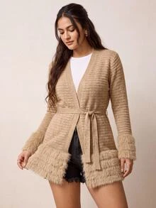 Nubod Women's Plus Size Elegant Casual Patchwork Faux Fur Cardigan Autumn Formal Vacation Tan - Camel - View 3