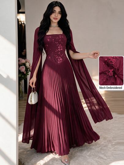 Modelyn Vestido elegante de mujer color burdeos con cuello cuadrado, malla bordada y patchwork, mangas extra largas, corte asimétrico, falda plisada en línea A, ajuste ceñido, para otoño