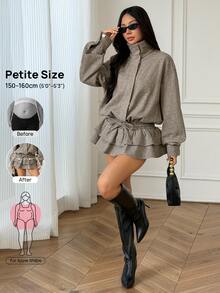 SHEIN PETITE 女款純色百褶休閒法式派對早午餐迷你洋裝 卡其色 秋季 - 棕色 - 查看 9