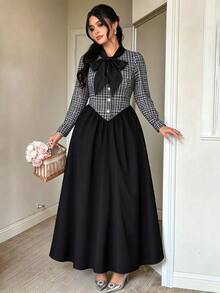 Elenzga Plus Size Women Elegant 1920 Vintage Bow Long Sleeve Long Dress Autumn/Winter Fall Brunch Office Black - Black - View 8
