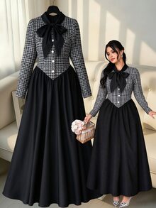 Elenzga Plus Size Women Elegant 1920 Vintage Bow Long Sleeve Long Dress Autumn/Winter Fall Brunch Office Black - Black - View 1