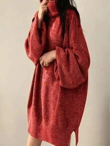 SHEIN LUNE 休閒寬鬆百搭長袖高領女款針織毛衣洋裝，適合大學生秋冬穿著的女裝 - 紅色 - 查看 5