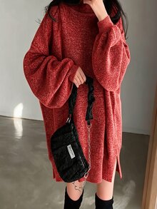 SHEIN LUNE 休閒寬鬆百搭長袖高領女款針織毛衣洋裝，適合大學生秋冬穿著的女裝 - 紅色 - 查看 6