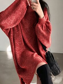 SHEIN LUNE 休閒寬鬆百搭長袖高領女款針織毛衣洋裝，適合大學生秋冬穿著的女裝 - 紅色 - 查看 8