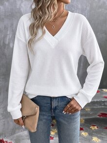 SHEIN LUNE Women's Solid Color V-Neck Casual Daily Long Sleeve T-Shirt - White - View 3