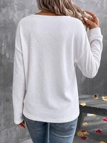 SHEIN LUNE Women's Solid Color V-Neck Casual Daily Long Sleeve T-Shirt - White - View 2