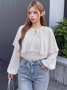 Bijouette Plus Size Women's Polka Dot Pattern Tie Neck Lantern Sleeve Fashion Blouse - White - View 1