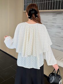 Bijouette Plus Size Women's Polka Dot Pattern Tie Neck Lantern Sleeve Fashion Blouse - White - View 3