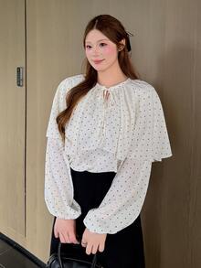 Bijouette Plus Size Women's Polka Dot Pattern Tie Neck Lantern Sleeve Fashion Blouse - White - View 5