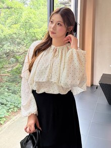 Bijouette Plus Size Women's Polka Dot Pattern Tie Neck Lantern Sleeve Fashion Blouse - White - View 4
