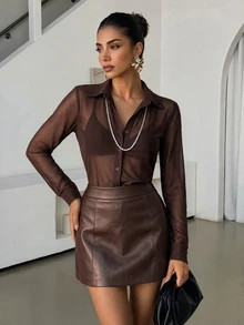 Lavishia Women's Solid Color Mesh Casual Sexy Versatile Daily Wear Blouse Dinner Night Out Dark Brown Autumn Date Night - Brown - View 2