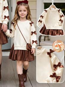 4-7 Years Old Girls Sweet Cute Style Fleece Sweatshirt Dress 2-In-1 With Ruffle Hem 3D Bow Decor Winter Outfit Birthday White Brown Fairy Princess - Multicolor - View 3
