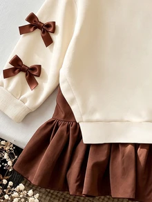 4-7 Years Old Girls Sweet Cute Style Fleece Sweatshirt Dress 2-In-1 With Ruffle Hem 3D Bow Decor Winter Outfit Birthday White Brown Fairy Princess - Multicolor - View 7