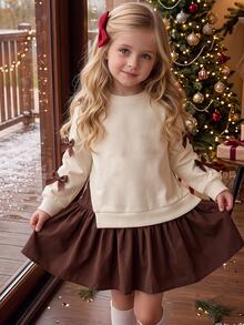 4-7 Years Old Girls Sweet Cute Style Fleece Sweatshirt Dress 2-In-1 With Ruffle Hem 3D Bow Decor Winter Outfit Birthday White Brown Fairy Princess - Multicolor - View 6
