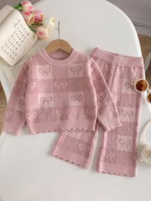 SHEIN Baby Girl Sweet Bow Jacquard Knit 2 Pieces Set, Lace Cuff Sweater + Loose Long Pants Casual Outfit - Multicolor - View 4