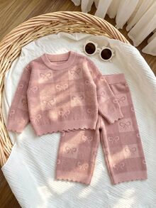 SHEIN Baby Girl Sweet Bow Jacquard Knit 2 Pieces Set, Lace Cuff Sweater + Loose Long Pants Casual Outfit - Multicolor - View 6