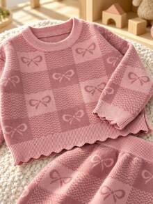SHEIN Baby Girl Sweet Bow Jacquard Knit 2 Pieces Set, Lace Cuff Sweater + Loose Long Pants Casual Outfit - Multicolor - View 7
