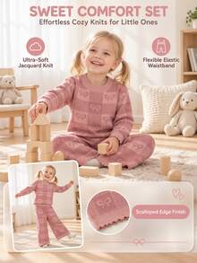 SHEIN Baby Girl Sweet Bow Jacquard Knit 2 Pieces Set, Lace Cuff Sweater + Loose Long Pants Casual Outfit - Multicolor - View 5