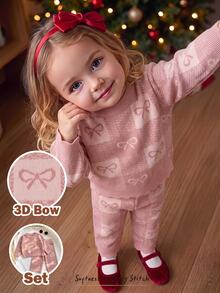 SHEIN Baby Girl Sweet Bow Jacquard Knit 2 Pieces Set, Lace Cuff Sweater + Loose Long Pants Casual Outfit - Multicolor - View 3